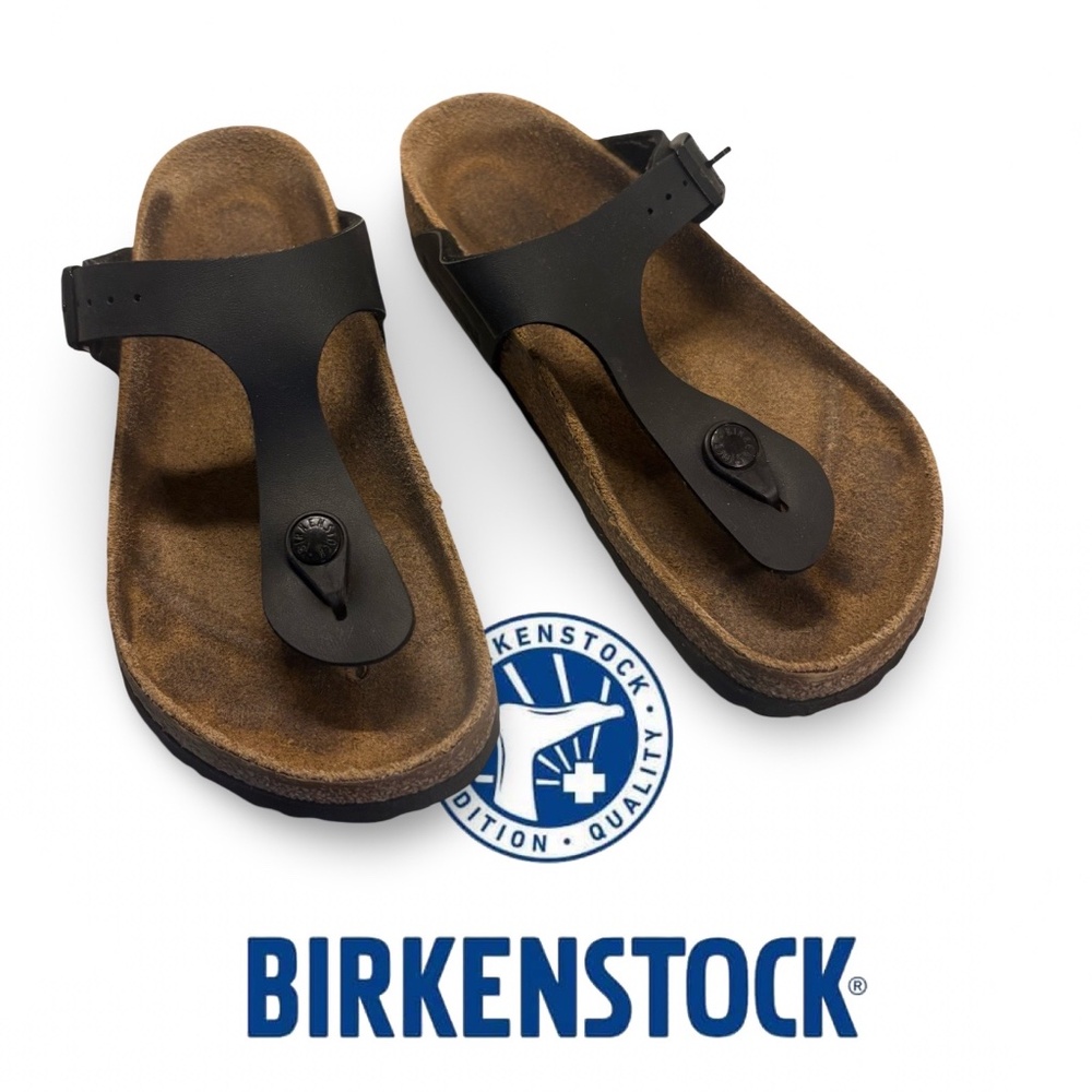 Birkenstock Black Strap Sandals with Brown Footbed